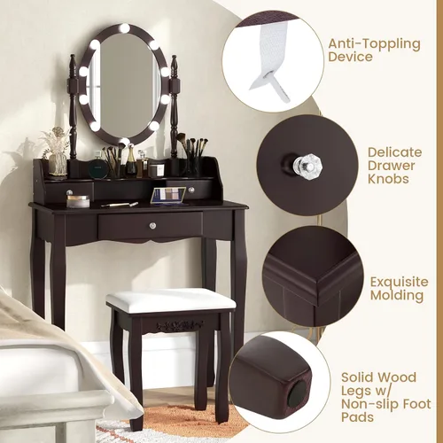 Vista 6 de Byroce - Juego de tocador con taburete acolchado, mesa de maquillaje con espejo ovalado iluminado giratorio de 360°, 3 cajones, 10 luces LED