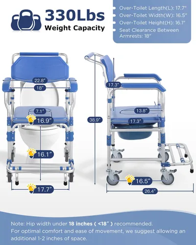 Vista 5 de Silla de ruedas con brazos caídos y ruedas bloqueables, silla de ducha de aluminio impermeable, capacidad de 330 libras, inodoros portátiles
