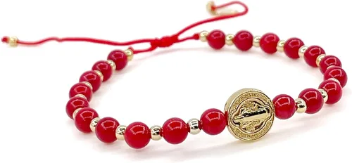 Vista 10 de St Benedict Coin and Natural Round Red Coral Beads Adjustable Bracelet for Women