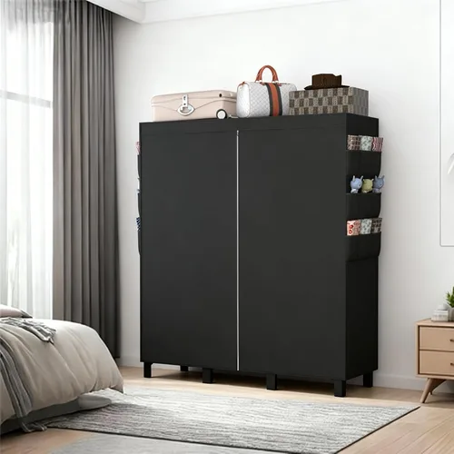 Vista 4 de Armario portátil, organizador de ropa, armario fácil de colgar, múltiples divisores y 3 cajones, 6 bolsillos laterales de gran capacidad (negro)