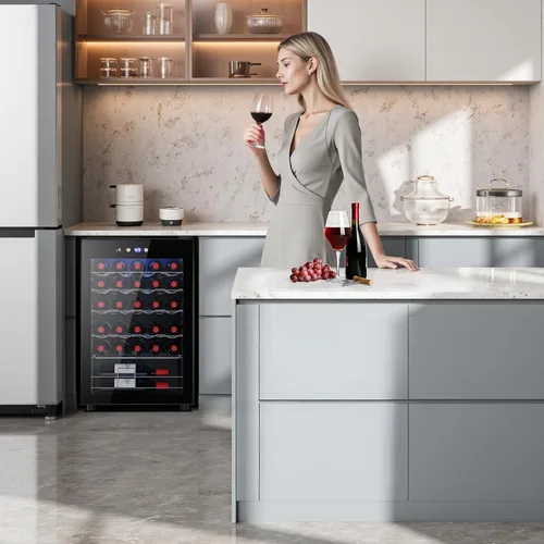 Vista 7 de COWSAR Refrigerador de Vino de 37 Botellas, Refrigerador Comercial de Bebidas Independiente con Control Inteligente de Temperatura, Mini Negro