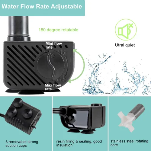 Vista 4 de hygger Mini bomba de agua sumergible ultra silenciosa de 53 GPH (200 L/H, 3 W), viene con 2 boquillas, para acuarios, pecera, fuente, hidroponía