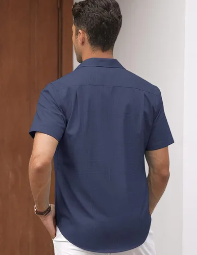 Vista 3 de COOFANDY Camisas casuales de manga corta de lino para hombre, camisa de playa de verano