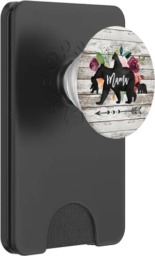 Vista 7 de Mama Bear - Agarre y soporte para teléfonos y tabletas con diseño de flores de acuarela de madera rústica, Negro