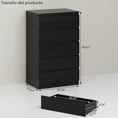 Vista 2 de Cómoda de madera negra para dormitorio, 5 cajones para almacenamiento de ropa, cómoda moderna con cajones anchos, cómoda de madera amplia para sala