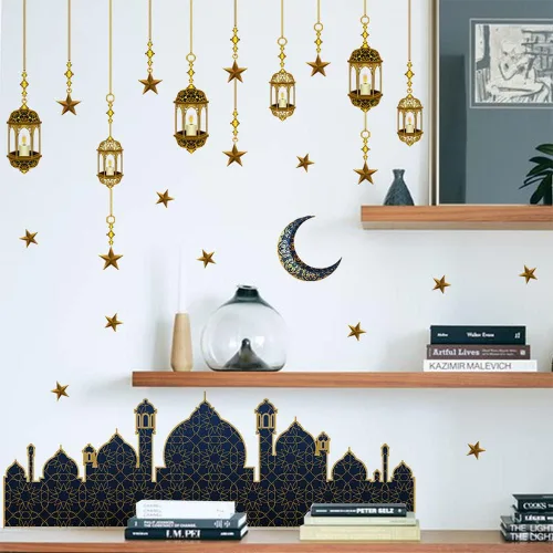 Vista 5 de Calcomanías de decoración de pared de Ramadán, calcomanías de pared musulmanas islámicas Eid Mubarak Ramadán, farol, luna, estrella, ventana