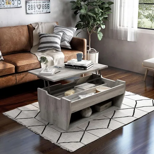 Vista 4 de 24/7 Shop at Home Pavie - Mesa de centro elevable de 42 pulgadas para comedor, diseño de granja con mesa ajustable en altura, almacenamiento Gris