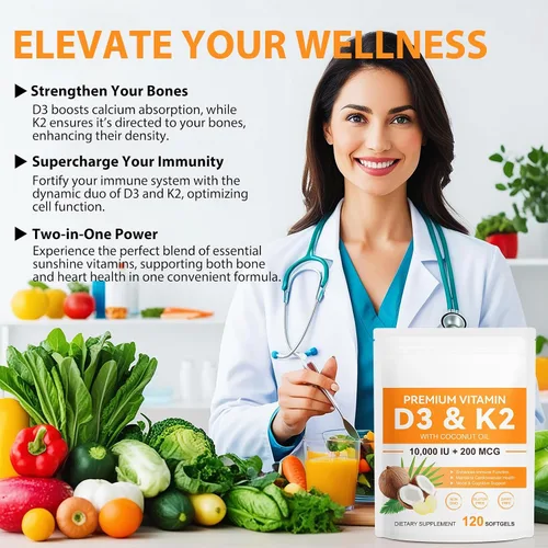 Vista 5 de flasture Suplemento de Vitamina D3 K2 en Cápsulas Blandas, 10000 UI de VIT D3 + 200 MCG de K2 (MK-7) Fórmula 2-en-1 para Reposición con Aceite