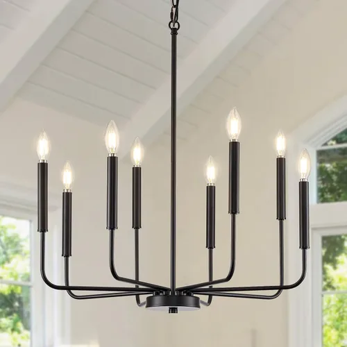 Vista 13 de Lámpara de araña negra, moderna lámpara de comedor de granja de 6 luces con cadena, accesorios de iluminación colgantes de metal, luces de comedor