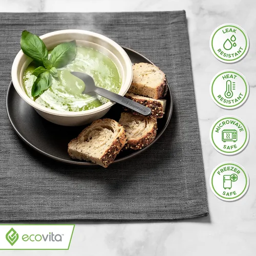 Vista 5 de Ecovita Cuencos de Papel 100% Compostables [12 oz.] – 150 Cuencos Desechables Ecológicos Resistentes Sin Árboles Resistentes a Líquidos y Calor