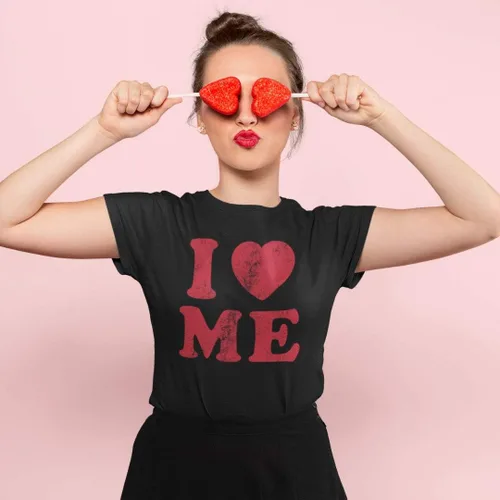 Vista 3 de Camiseta con texto en inglés "I Love Me" para mujer, divertida, linda e inspiradora con corazón motiv
