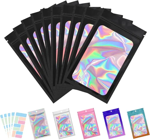 Vista 13 de Paquete de 100 bolsas de Mylar con ventana transparente, holográficas, a prueba de olores, para pequeñas empresas, bolsas resellables
