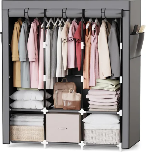 Vista 10 de Mavivegue Armario portátil, Armario de ropa, Armario portátil para colgar ropa, para dormitorio y sala de estar, Negro, 2 filas, 34" de ancho x 18