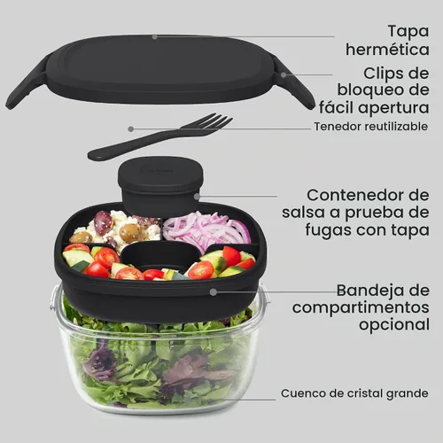 Vista 5 de Bentgo Recipiente de Ensalada de Vidrio Todo en Uno - Ensaladera Grande de 61 oz con Tapa, Bandeja Estilo Bento de 4 Compartimentos, Recipiente