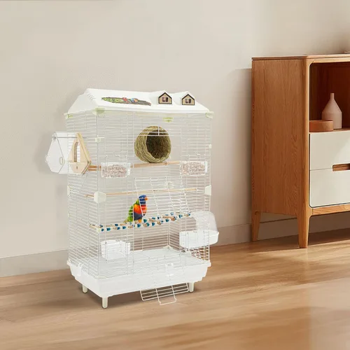 Vista 2 de Jaula para pájaros de hierro de 2 niveles, jaula de loros de palomas, jaula de periquitos de 30 pulgadas con cajas de agua/alimentos, jaula