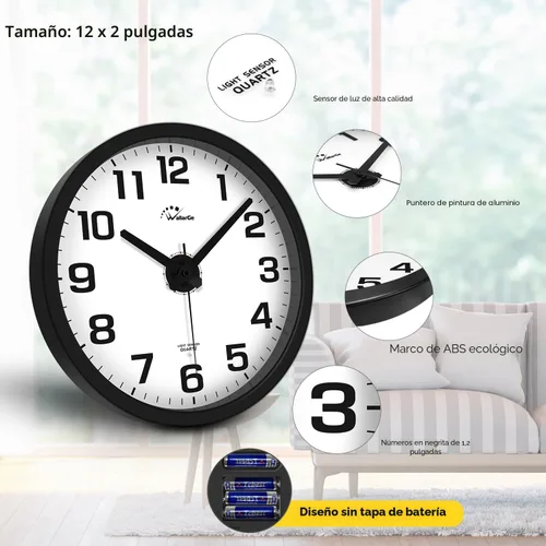Vista 4 de WallarGe Reloj de pared con luz nocturna para dormitorio, 12 pulgadas Negro