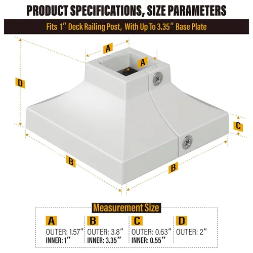 Vista 4 de Paquete de 4 cubiertas de base de poste de cubierta de aleación de aluminio (base de poste de 1 x 1 pulgada x 3.35 pulgadas), para pasamanos, Blanco