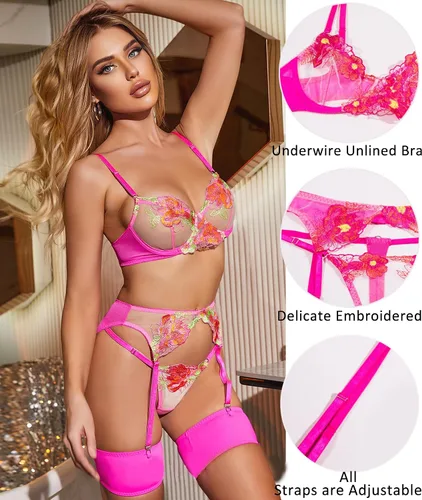 Vista 3 de Conjunto de lencería bordada, 4 piezas, lencería de malla floral, ropa interior transparente con tanga, ligas