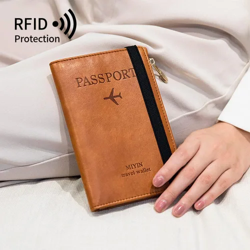 Vista 2 de Assport - Cartera para pasaporte, funda para pasaporte, cartera de viaje de cuero impermeable con bloqueo RFID con correa elástica y ranura