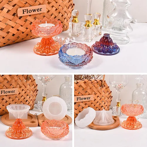 Vista 3 de 2 juegos de moldes de resina para candelita de té, candelabros de luz de té de loto, moldes de silicona para resina, candelabro votivo de flores