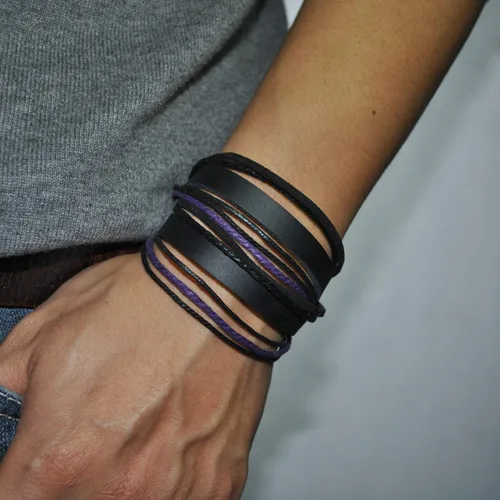 Vista 5 de Pulsera de piel auténtica para hombre y mujer, multicapa, ajustable, con cuerda multicolor
