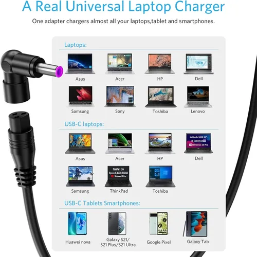 Vista 3 de Belker Cargador universal para portátil de 90 W y 65 W, cable de alimentación para HP Dell Asus Lenovo, Samsung, Acer Gateway, Toshiba, fuente
