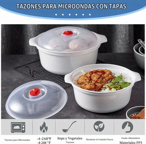 Vista 3 de Tazones para microondas de 3 piezas con tapas, aptos para microondas, platos aptos para microondas para calentar alimentos, artículos esenciales