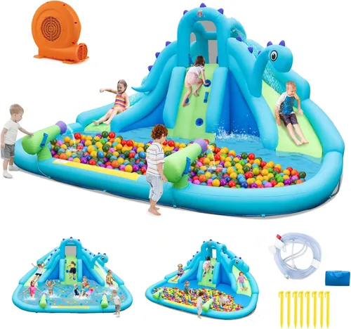 Vista 8 de BOUNTECH Parque inflable de tobogán acuático con dinosaurio, parque acuático de toboganes dobles con pared de escalada, castillo animoso