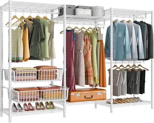 Vista 7 de VIPEK V10 - Perchero de ropa de gran tamaño resistente con varillas para colgar, estantes ajustables y 2 cestas de almacenamiento deslizantes