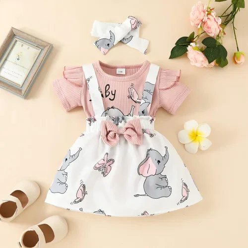 Vista 2 de Traje de verano para bebé recién nacida, manga con volantes, acanalado, falda con tirantes, vestido con diadema, ropa de 3 piezas