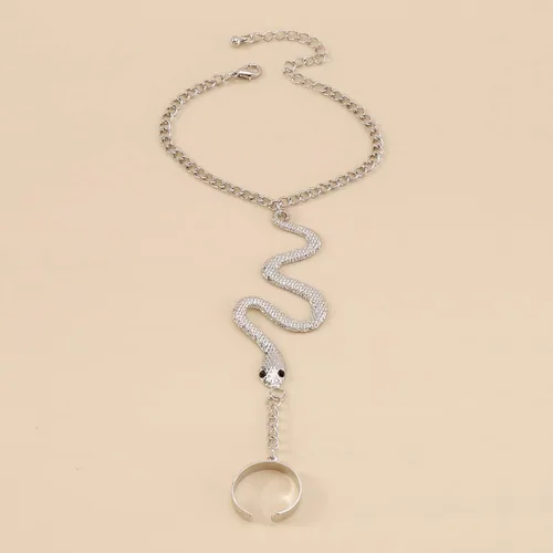 Vista 3 de Jumwrit Pulsera de cadena de mano, pulsera bohemia con anillo de serpiente para el dedo, cadena esclava, arnés de mano, pulsera delicada con anillo