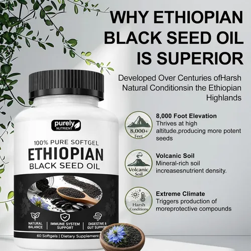 Vista 3 de Aceite de semilla negra etíope puramente nutritiva, cápsulas de aceite de semilla negra puramente etíope 4.64% timoquinona, cápsulas blandas