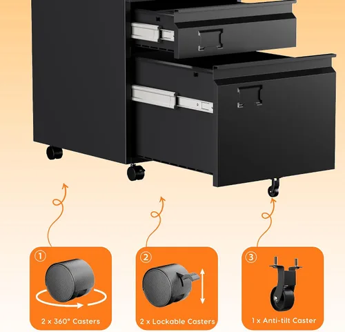 Vista 5 de Archivador de metal de 3 cajones con ruedas, archivador rodante debajo del escritorio para tamaño A4/carta/legal, archivador móvil con cerradura