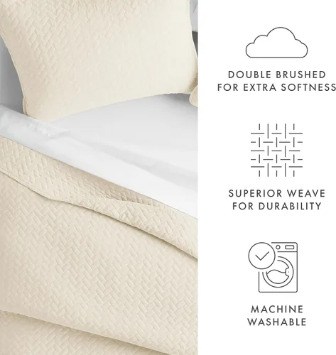 Vista 4 de Linen Market Juego de ropa de cama de 3 piezas color marfil tamaño Queen – Una colcha ligera y edredones lavables a máquina – Incluye colcha