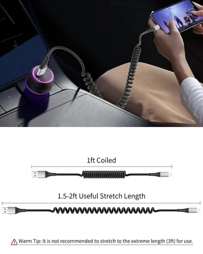 Vista 5 de Cable Lightning en espiral, paquete de 2 cables retráctiles para cargador de iPhone en el coche, cable USB a Lightning de carga rápida, compatible