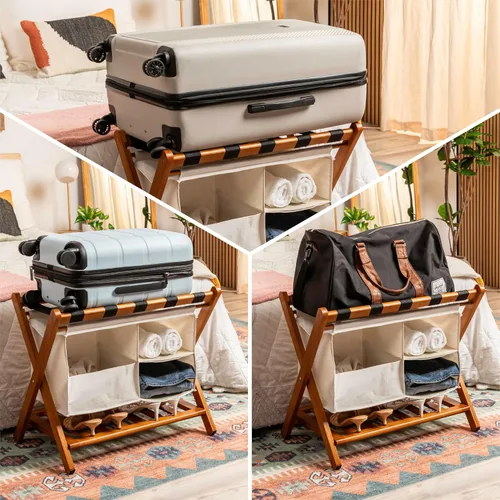 Vista 4 de Estante plegable de bambú de nogal totalmente ensamblado para habitación de invitados, soporte plegable de maleta de 26.75 pulgadas con bolsa