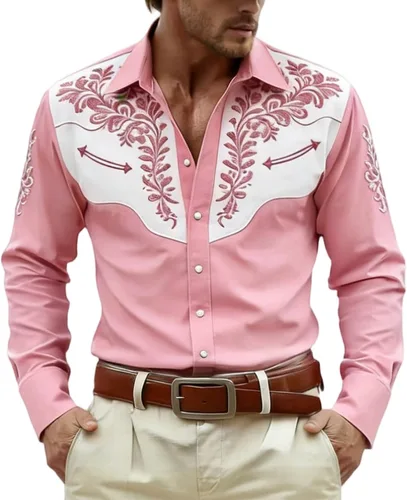 Vista 11 de Camisas occidentales para hombre, manga larga, con solapa bordada, color negro, vestido de festival para hombres, ropa vaquera, ropa floral