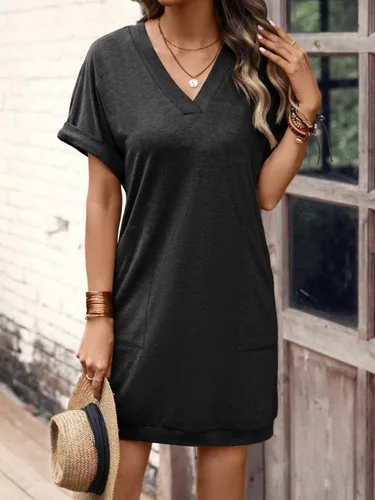 Vista 5 de SOLY HUX T-Shirt Dress for Women V Neck Short Sleeve Basic Tunic Top T Shirt Dresses Casual Dress with Pockets