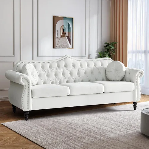 Vista 28 de AVZEAR Chesterfield - Juego de sofás seccional de 2 piezas para sala de estar, sofá tapizado en terciopelo moderno de mediados de siglo, sofá Blanco