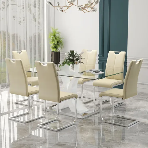 Vista 8 de Juego de comedor moderno de vidrio de lujo de 5 piezas, juego de cena rectangular minimalista grande para 4, juego de mesa de cocina de vidrio