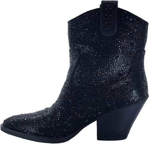 Vista 4 de ABSOLEX Botines de mujer vaquera occidental con punta puntiaguda con diamantes de imitación