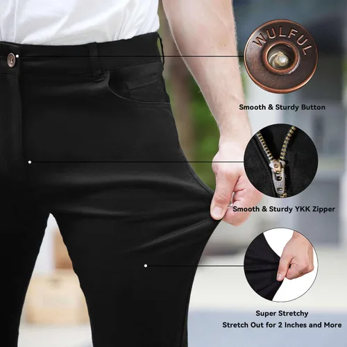 Vista 3 de WULFUL Pantalones de mezclilla ajustados para hombre, pantalones elásticos de pierna cónica, cintura expandible