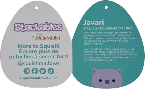 Vista 6 de Squishmallows Stackables Original - Mapache Javari de 12 pulgadas en lavanda ultra suave, oficial de Jazwares Marmota Lavanda