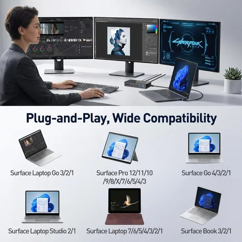 Vista 3 de Surface Thunderbolt 4 Estación de acoplamiento, base de superficie de pantalla triple 4K 12 en 1 con HDMI, DP, Thunderbolt 4, Gigabit Ethernet
