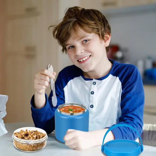 Vista 6 de JXXM Tarro de comida con doble aislamiento 2 en 1 de 13.5 onzas, termo de sopa con contenedor de aperitivos para niños, termo para comida caliente