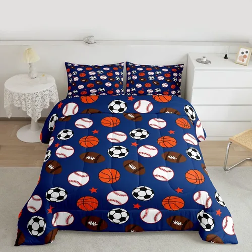 Vista 4 de Homewish Juego de edredón de juegos deportivos de pelota, tamaño twin, juego de ropa de cama de béisbol y baloncesto, 2 piezas para niños