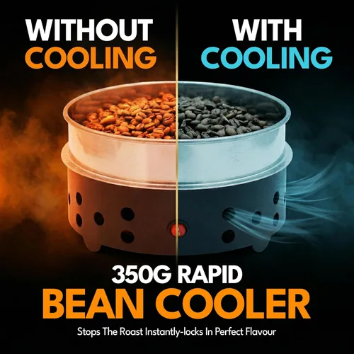 Vista 5 de Fresh Roast SR800 - Paquete de tostador de café – Incluye tubo de extensión de vidrio, enfriador de granos de café, granos de café verdes, bandejas