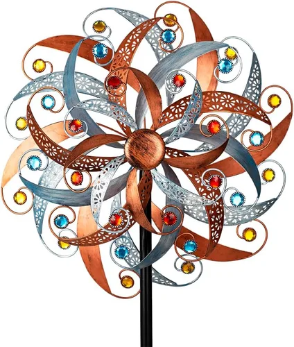 Vista 11 de DREAMYSOUL Molinillos de viento coloridos de 38 pulgadas, molinillos de metal para jardín y jardín, molinillos de viento decorativos para patio al