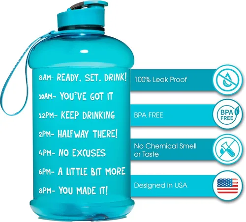 Vista 2 de NatureWorks HydroMATE Botella de agua de medio galón con horarios para beber sin BPA, a prueba de fugas, jarra reutilizable con asa, 64 onzas