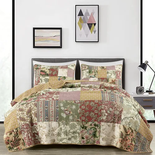 Vista 2 de Chezmoi Collection Delaney - Juego de edredón de 2 piezas, diseño floral de retazos prelavados, 100% algodón, tamaño individual
